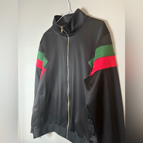 Urban ID size M, Men's Black Track Jacket with Red and Green Stripes, front zip - Picture 3 of 8